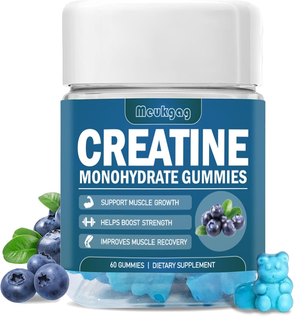 Kreatin Monohidrat Gumiji za moške in ženske, Žvečilni hidrati Kreatin Monohidrat za mišično moč, mišice graditelj, energijska okrepitev, predworkout Gumies(60 štev.) - borovničeva aroma