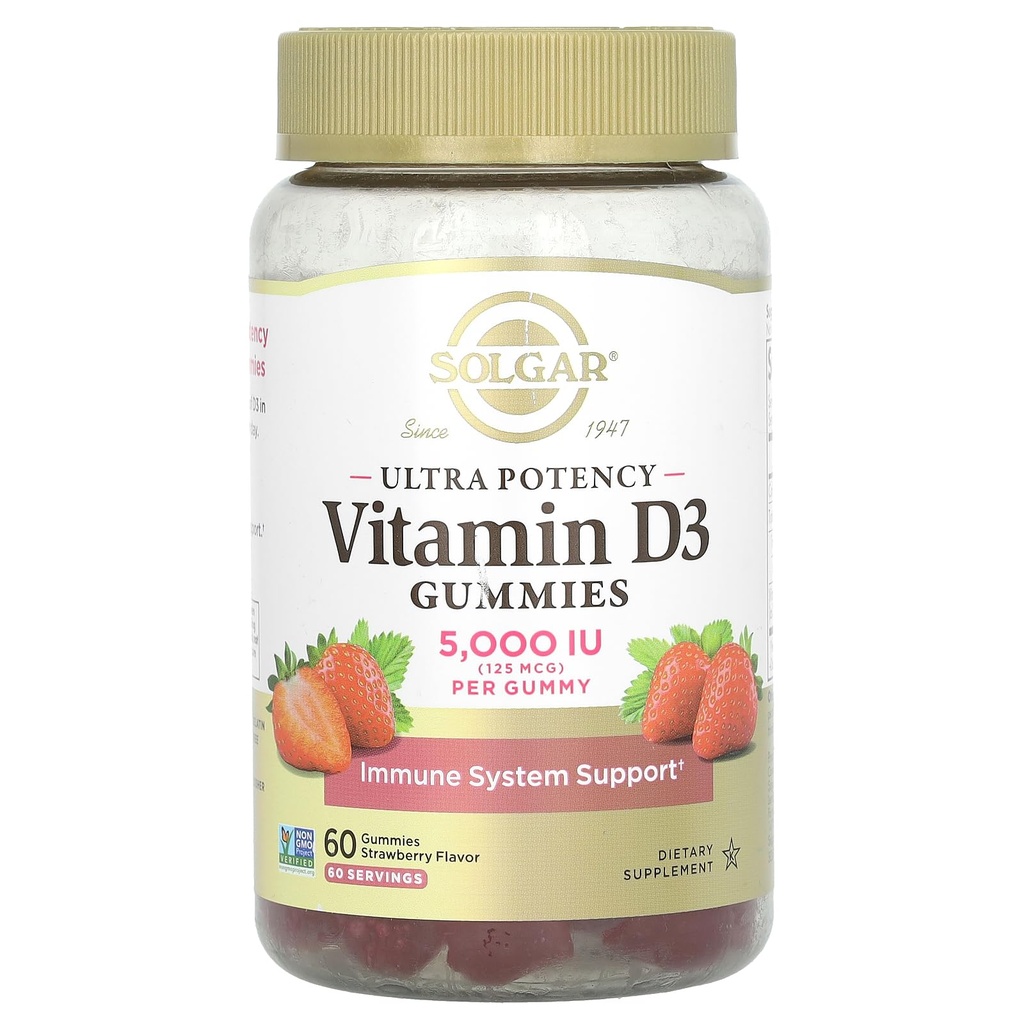 Solgar Vitamin D3 Gumiji za odrasle 5.000i.i.e. podpora ultrapotentnemu imunskemu sistemu za ženske in moške - okusna jagodna aroma, gluten in želatina brez Gummyja, 2 mesec dobave, 60 postrežbe, 2 g sladkorja