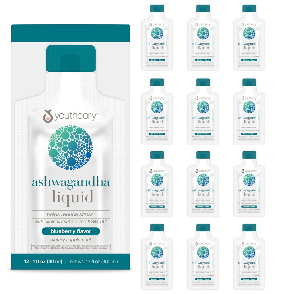 Youtheory Ashwagandha Liquid - Uporaba organskih KSM-66 - Zeliščna mešanica za podporo energetske ravni in razbremenitev stresa* - 12 enostranski paketi (12-dnevna dobava)