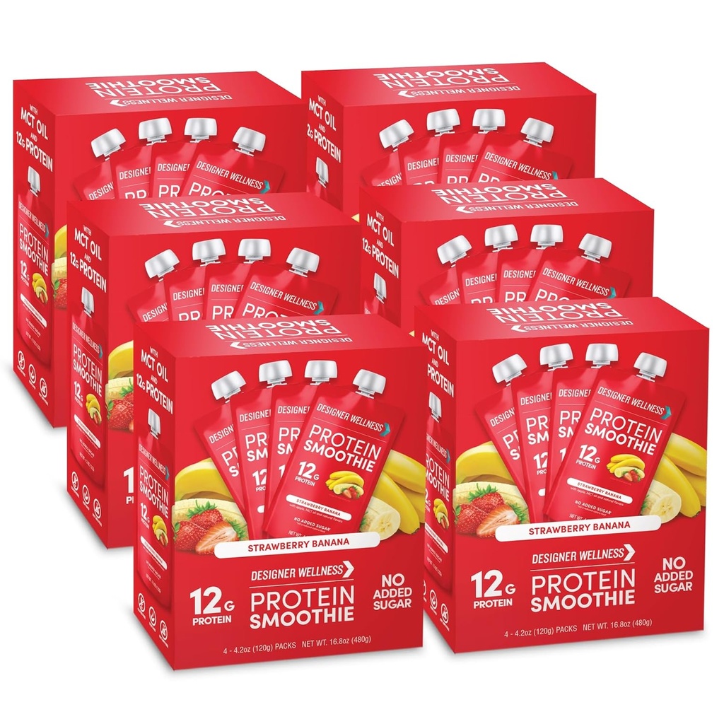 Designer Wellness Protein Smoothie, Real Fruit, 12g Protein, Nizka karb, Nič dodanega sladkorja, Gluten-free, Ne-GMO, Brez umetnih barv ali arom, Jagodna banana, 24 Število