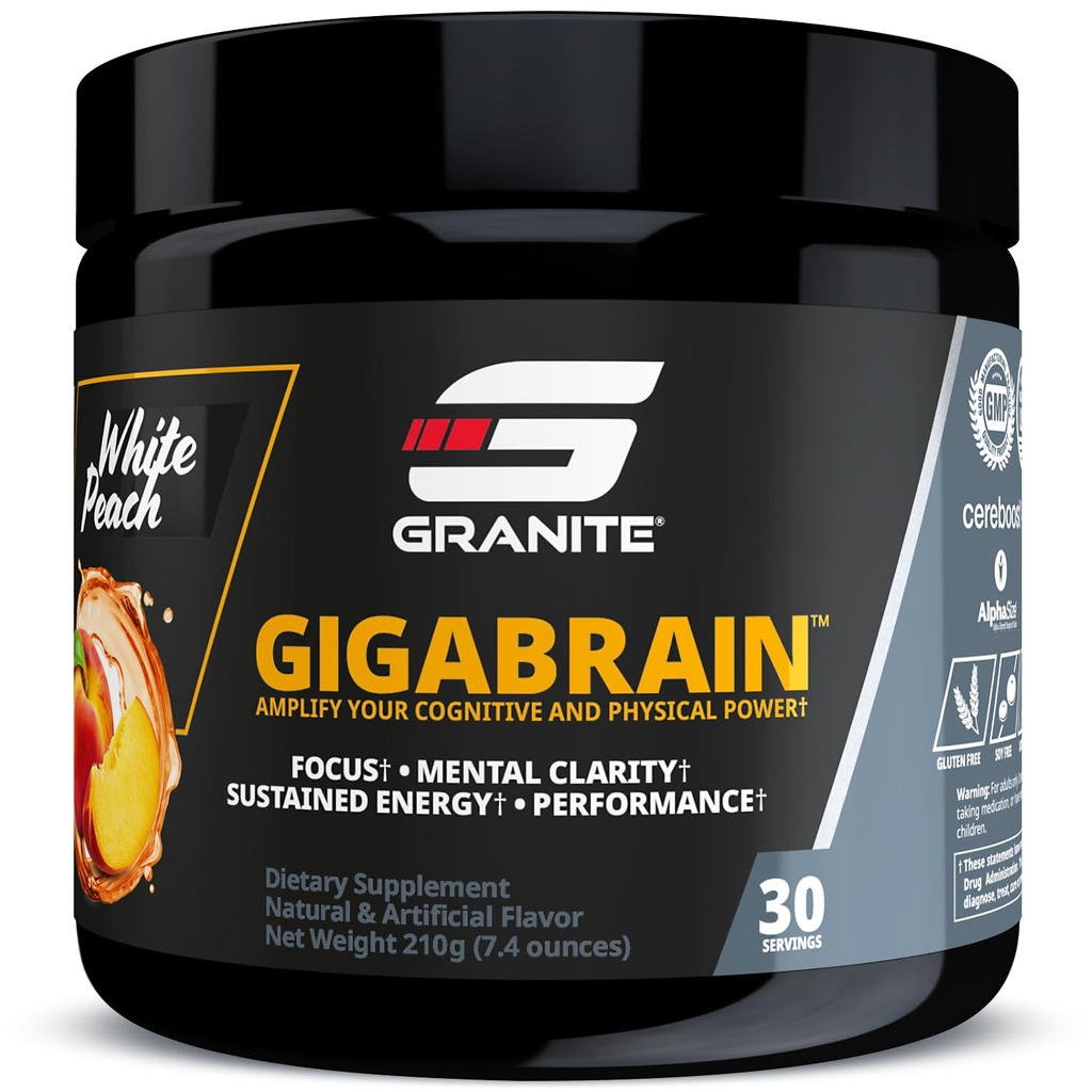 Granit Nutrition GigaBrain Nootropic Energy Powder – Cereboost, Alpha-GPC & ElevATP – Cognitive Focus dodatek za trajno energijo in učinkovitost – bela Breskvica, 30 Servings