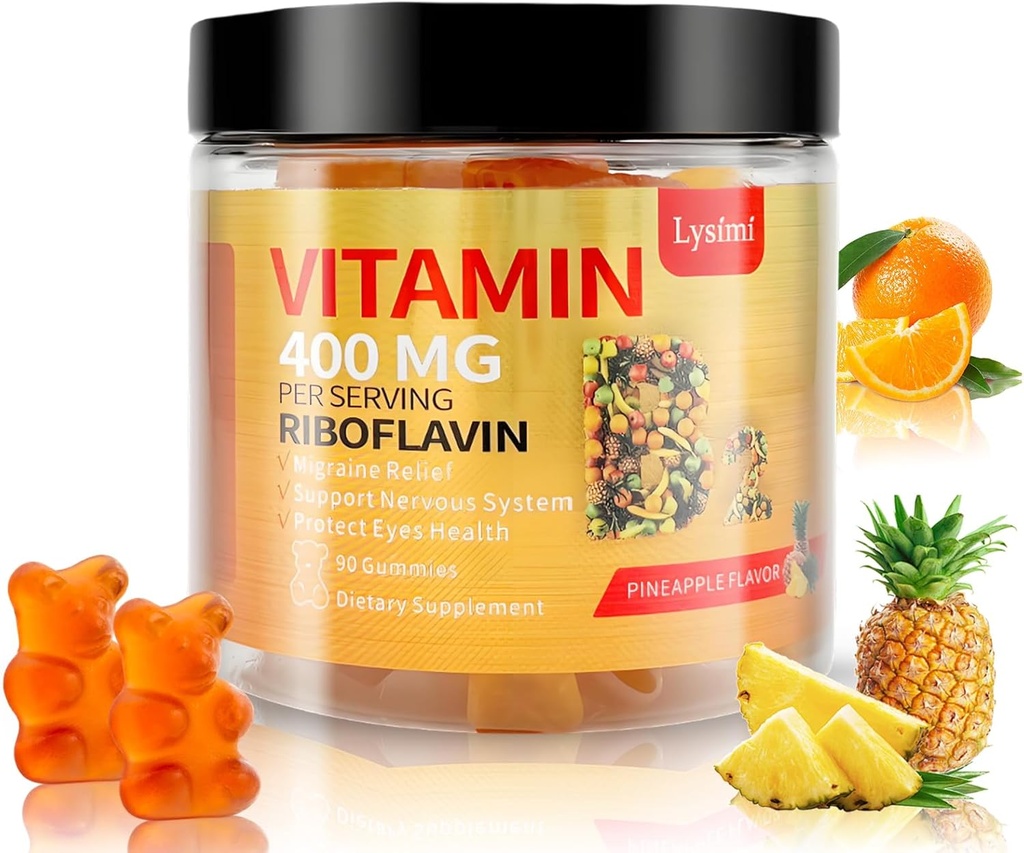 Vitamin B2 Gumies, Vitamin B2 Riboflavin Gumies 400mg z magnezijem & Coq10, Migrena Relief & Glavobol Relief, za otroke in odrasle, 90 Žvečljivi gumiji (1)