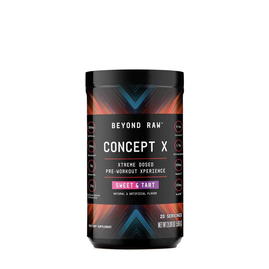 BEYOND RAW Concept X, klinično odmerjen predworkout prašek, vsebuje kofein, L-citrulin, kreatin in beta-alanin, sweet & Tart Flavor, 20 servivov
