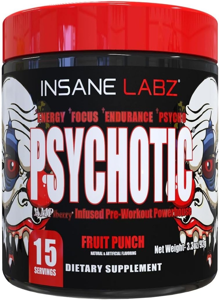 Insane Labz Psihotik, visoko stimulant Pred vadbo prahu, Extreme Trajna energija, Fokus in vzdržljivost z Beta Alanine, Kreatin Monohidrat, DMAE, 15 Srvgs, Sadni Punch