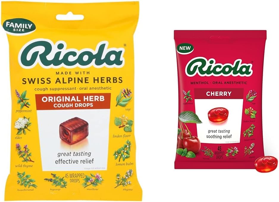Ricola Original Natural Herb Cough Supresant Throat kapljice, 45 Kapljice, Boji kašelj Seveda, Soothes Throats, Seveda Pomirjujoče Relief & Češnjevo grlo kapljice, 45 Število