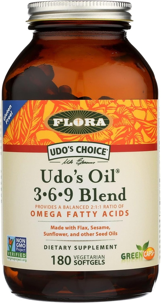 Olje Flore Udo 3-6-9 Mešanica - vsebuje organski kokos, laneno olje & več - 180 vegetarijanskih softgels