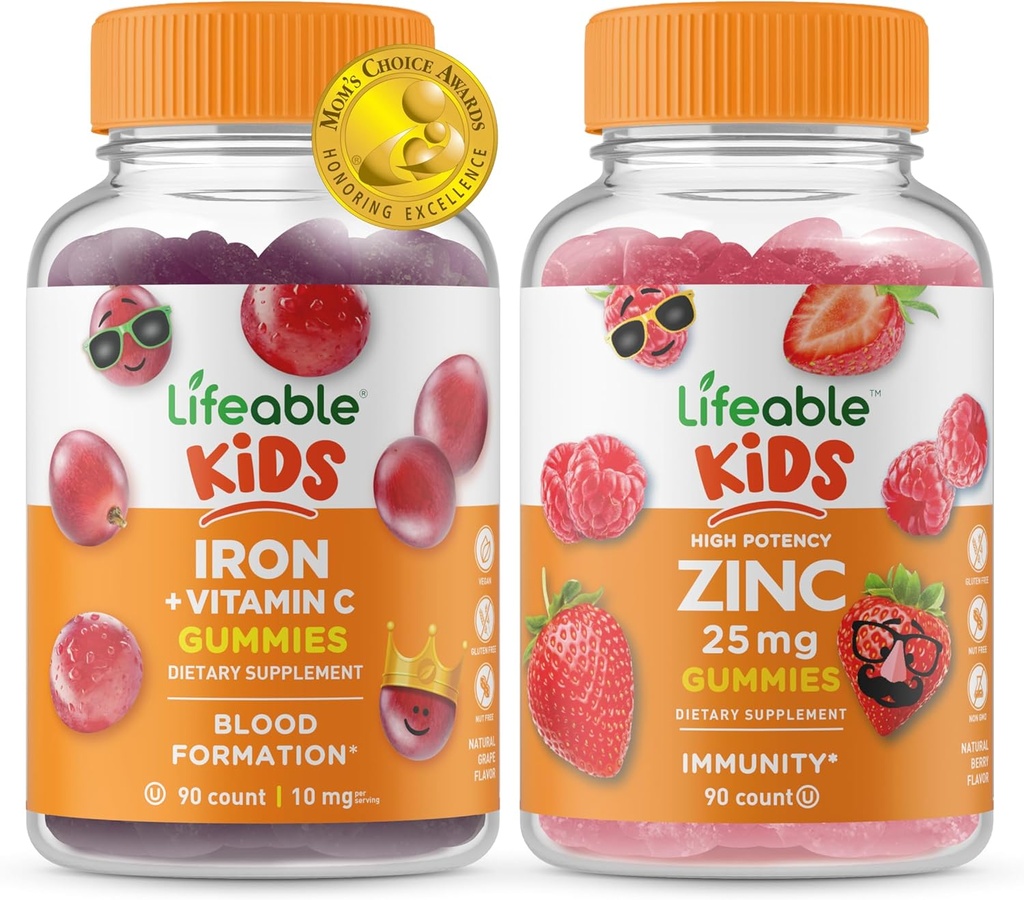 Življenjsko železo & vitamin C Otroci + cink 50mg, Gummies Bundle - odličen okus, Vitamin dodatek, Gluten brezplačno, GSO brezplačno, Žvečljivi gumi