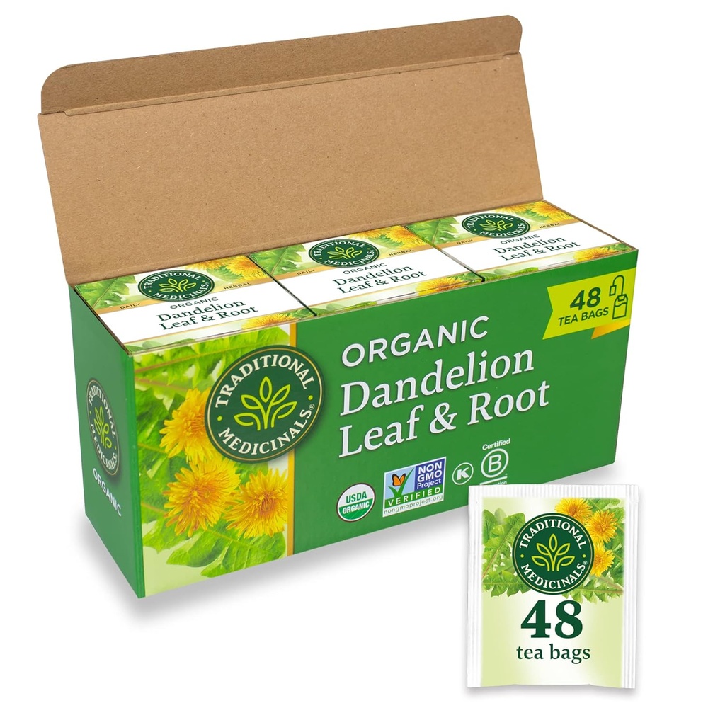 Tradicionalni Medicines Tea, Organic Dandelion Leaf & Root, Podpira delovanje ledvic in zdravo prebavo, 48 Tea Bags (3 pakiranje)