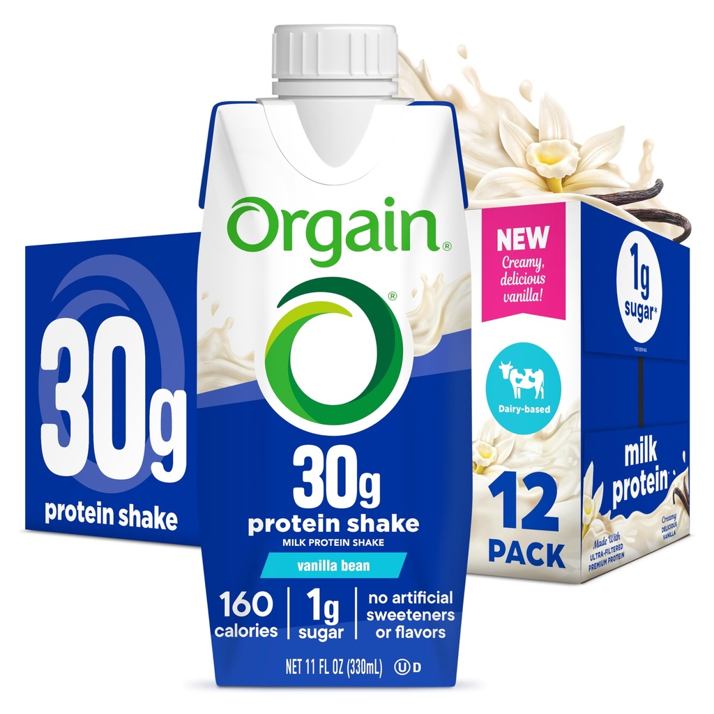 Orgain 30g High Protein Shake, Mlečni izolat Mlečni proteini, Vanilla Bean, 5g BCAA, 1g sladkorja na obrok, Zamenjava obroka, Pripravljen za pitje, Keto prijazno, Gluten-free 11 Fl Oz (Pack of 12)