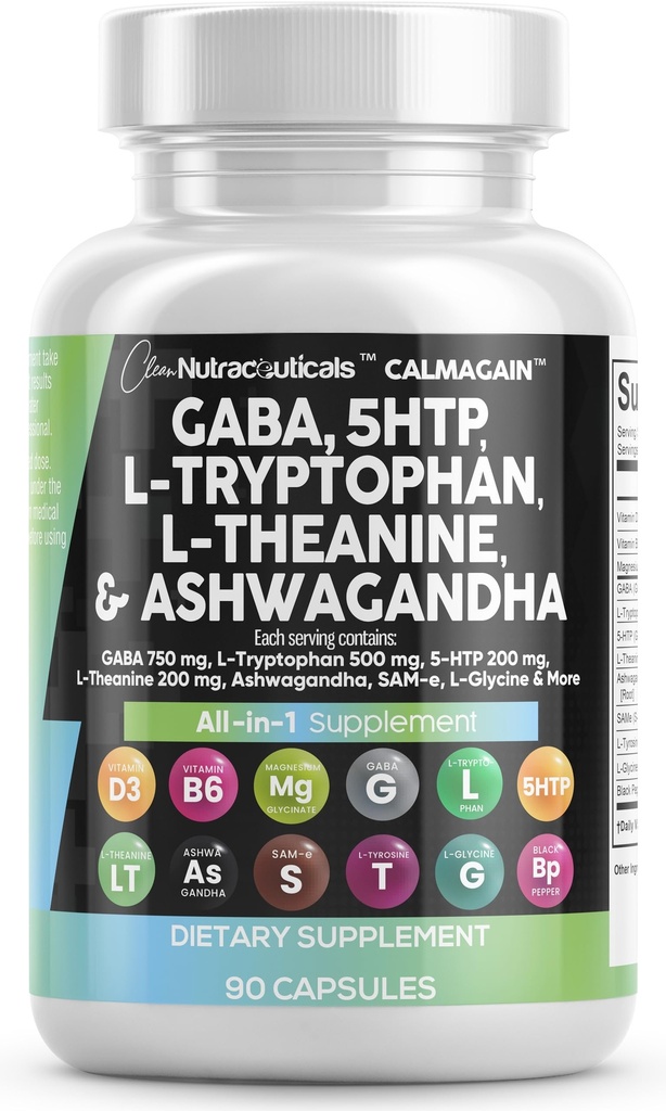 Čisti nutraceuticals GABA 750mg 5 HTP 200mg L Tryptofan 500mg L Theanine 200mg Ashwagandha SAM-e L-Glicin - podpora razpoloženju Vitamini za ženske in moške z L-tirozin 5-HTP (5-hidroksitriptofan)