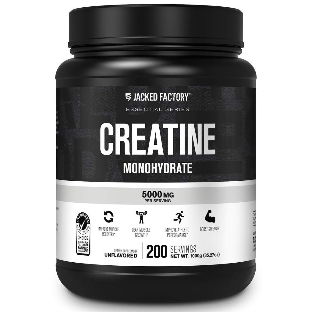 Jacked Factory Kreatin Monohidrat v prahu 1000g - 5g Dnevni kreatin dodatek za moške in ženske, Vegansko-prijateljsko, tretje-party Tested - 200 Serving, Nearomated