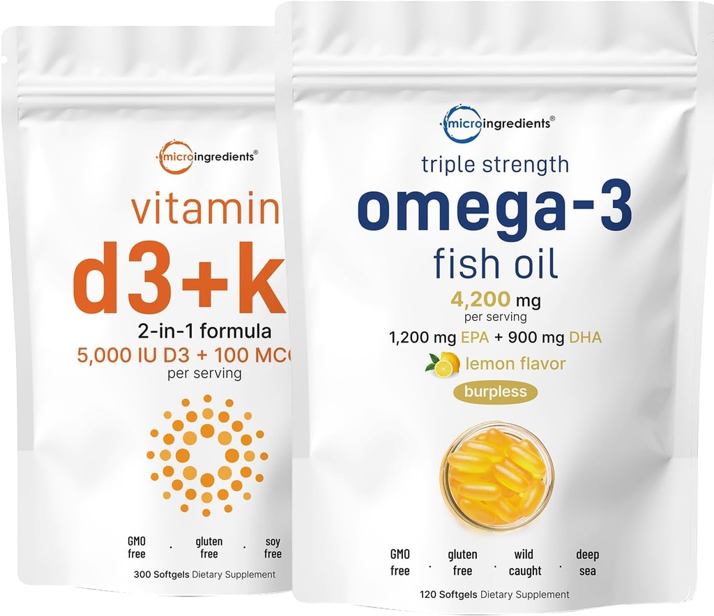 Mikro sestavine Vitamin D3 5000iu + K2 100mcg Mehkužci & Omega-3 Ribje olje 120 Mehkužci paket 2 Pakiranje 