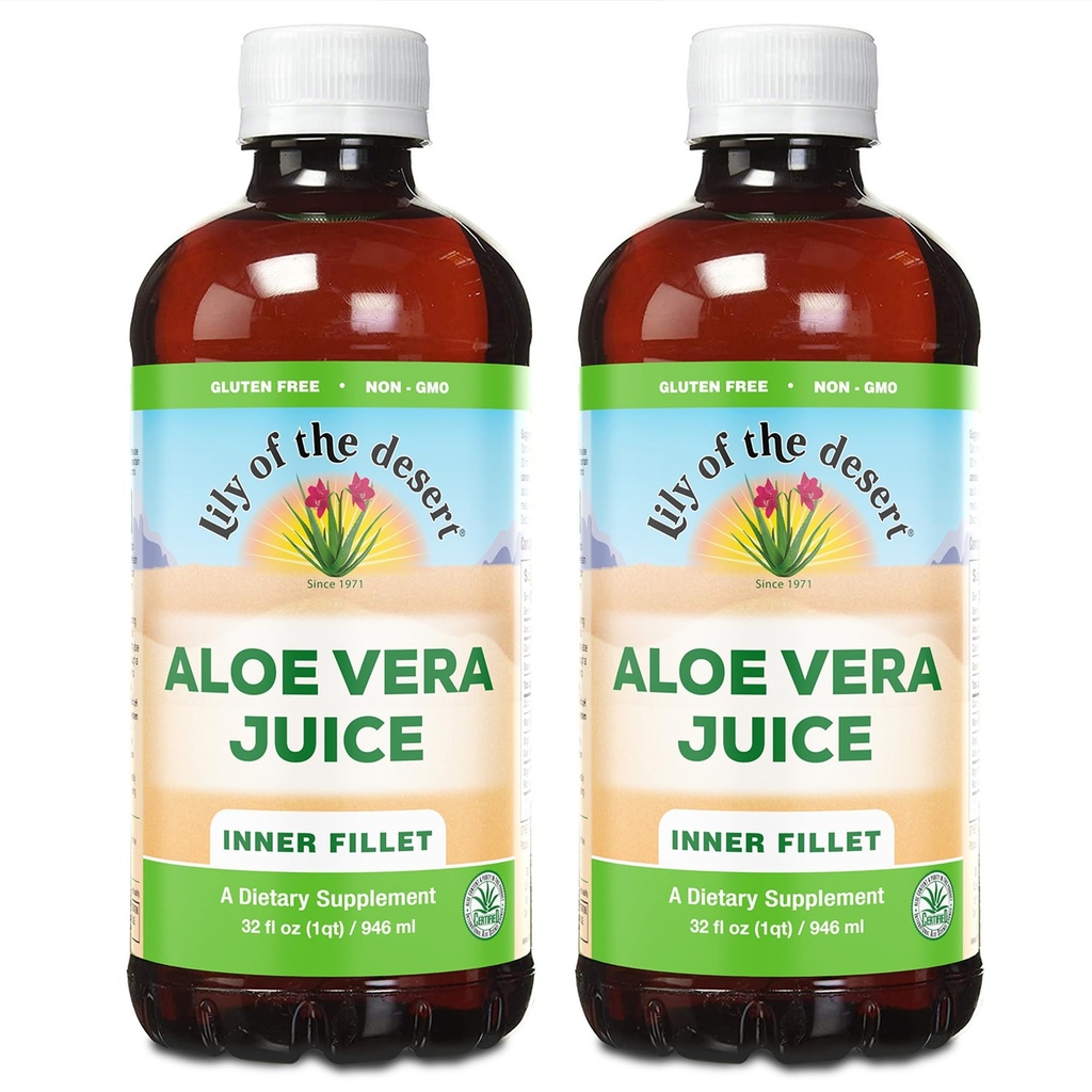 Lily of the Desert Organic Aloe Vera Juice 2-Pack – notranji filet, naravni drobovje & prebavna podpora, lajšanje želodčne bolečine, 32 Fl Oz Ea