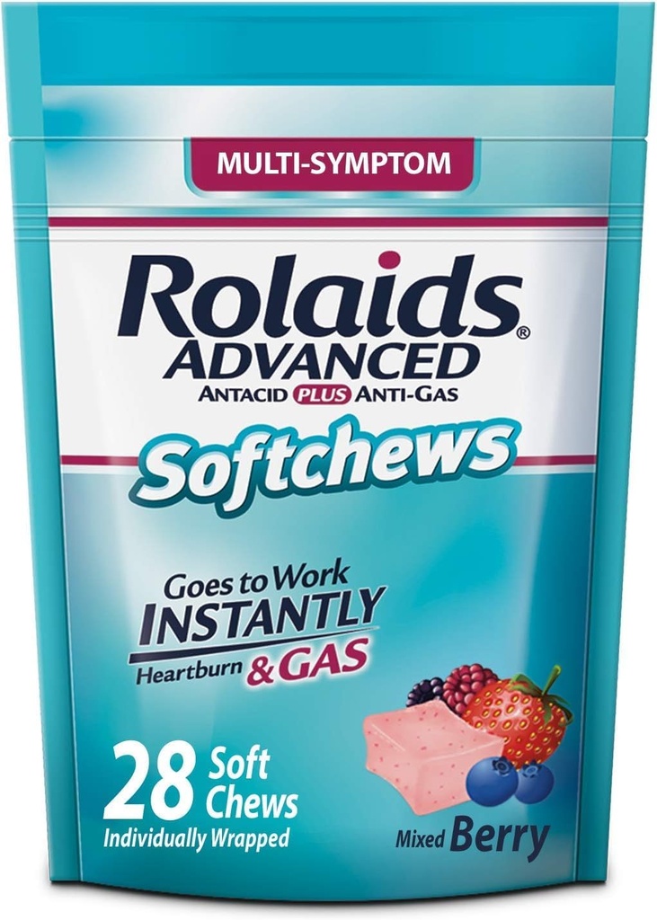 Rolaids Advanced Antacid Plus Anti-Gas Softchews, 28 Število, Mešano jagode, Zgaga in plin Relief
