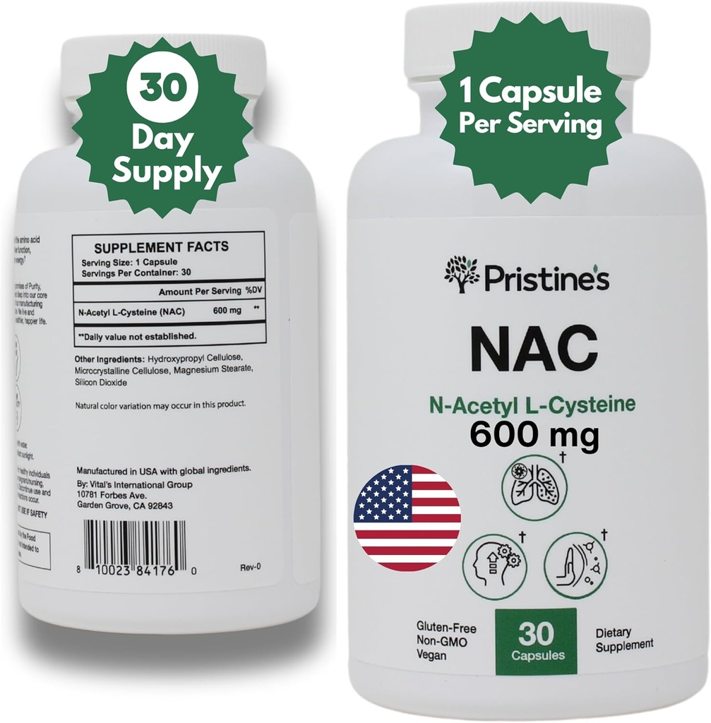 Zdravilo PRISTINE N-Acetil L-Cysteine (NAC) 600MG 30-dnevno oskrbovalno sredstvo Potent Lung & jetra Antioksidant dopolnilne kapsule - Mood & Duševno zdravje Podpora