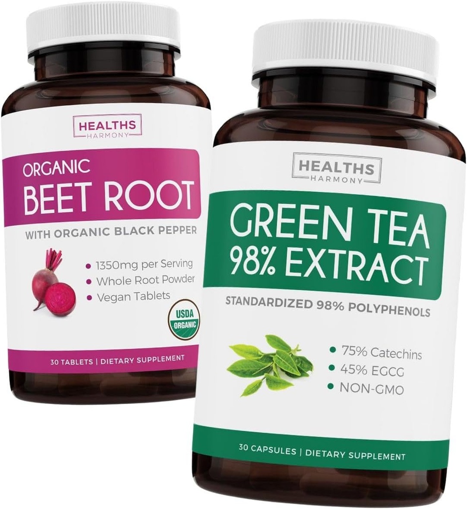 Beet Root & Green Tea Extract (2-tedenska zaloga) Beet & Tea Power Mix - Organic Beet Root s črnim poprom za absorpcijo 1250mg (30 tablet) & Green Tea Extract 98% z EGCG 1000mg na obrok (30 kapsul)