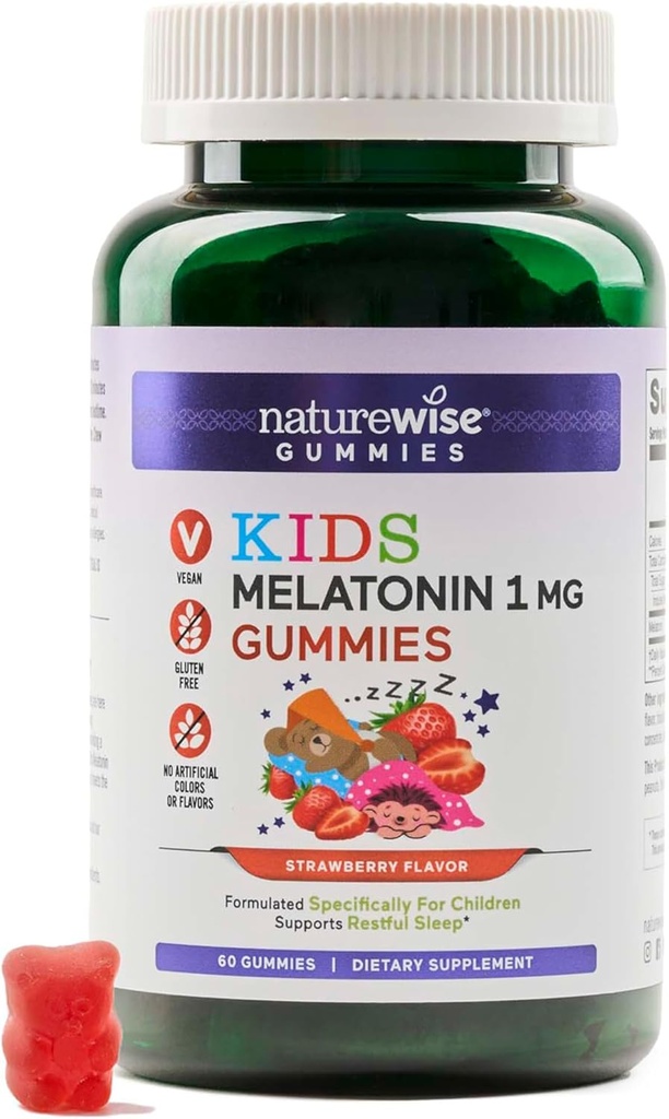 Naravoslovni otroci Melatonin Gummies 1 mg - brez zdravil, nenavadna pomoč za spanje za otroke v starosti 4 & gor - Jagoda z okusom Gummy Bears - Vegan, Gluten Free, Non-GMO - 60 Count[2-Month Supply]