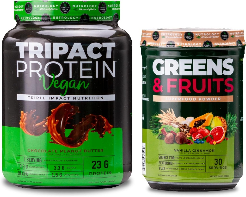 Nutrologija Zelena in sadje v prahu Naravno pridobljena superhrana, Vanilla Cimet (30 obrokov) TRIPACT Veganski protein v prahu, čokoladno arašidovo maslo (20 obrokov)