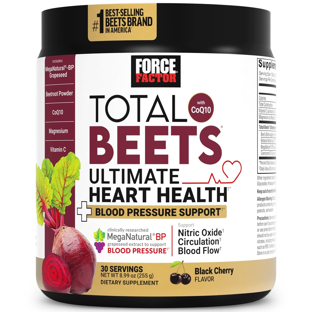 Sila Factor Total Beets Ultimate Heart Health Krvni tlak Podpora s CoQ10, Pese Root Powder, Izvleček grozdnih semen, Krvni tlak Dopolnilo za cirkulacijo, Črna Cherry, 30 Serving