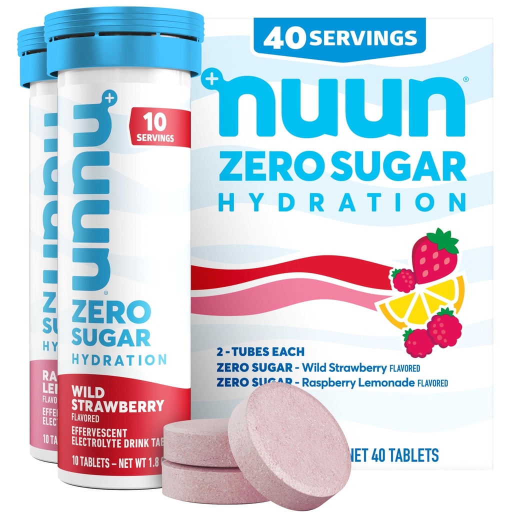 Nuun nič sladkorja Hidracija Elektrolitske tablete - Magnezij, kalcij, kalij, klorid in natrij, lahke in okusne sadne arome, brez sladkorja, gluten brez, vegan, mešano jagodičje 4 pakiranje (40 obrokov skupaj)