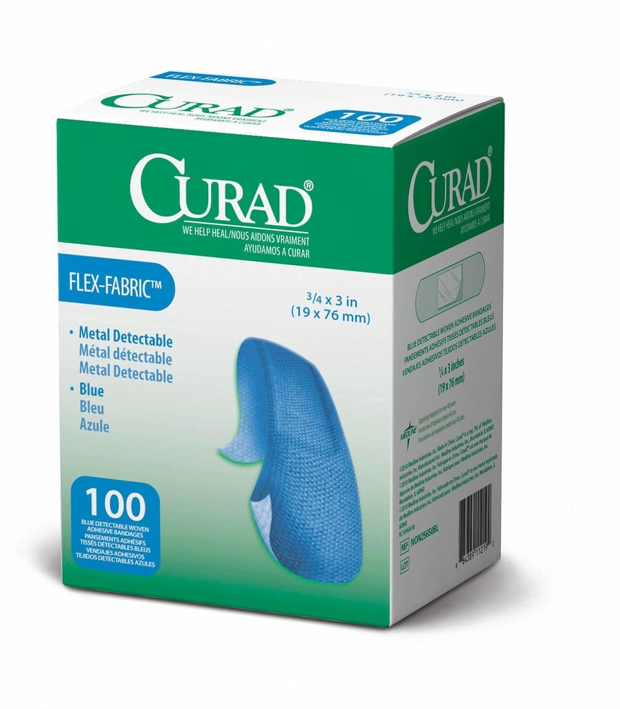CURAD Food Service Metal Detektable Blue Fabric Adhesive Bandages 3/4" x 3", Paket 100