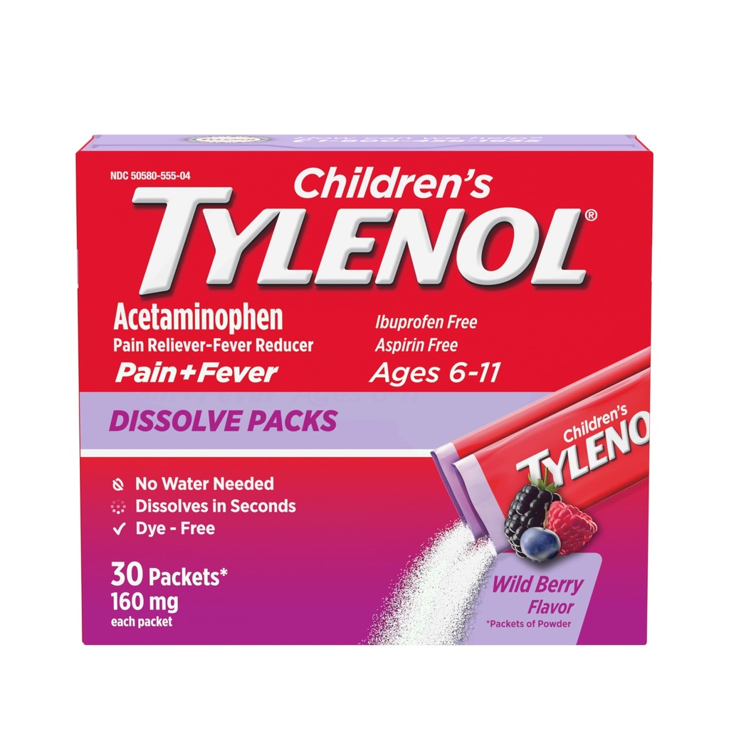 Otroški Tylenol Dissolve Packs for Pain Relief, Fever Medication, 160 mg acetatfen, Barvilo brezplačno, Otroški puder Packets for Cold & Flu Symptom Relief; Wild Berry Flavor, 30 ct.; Pakiranje po 1