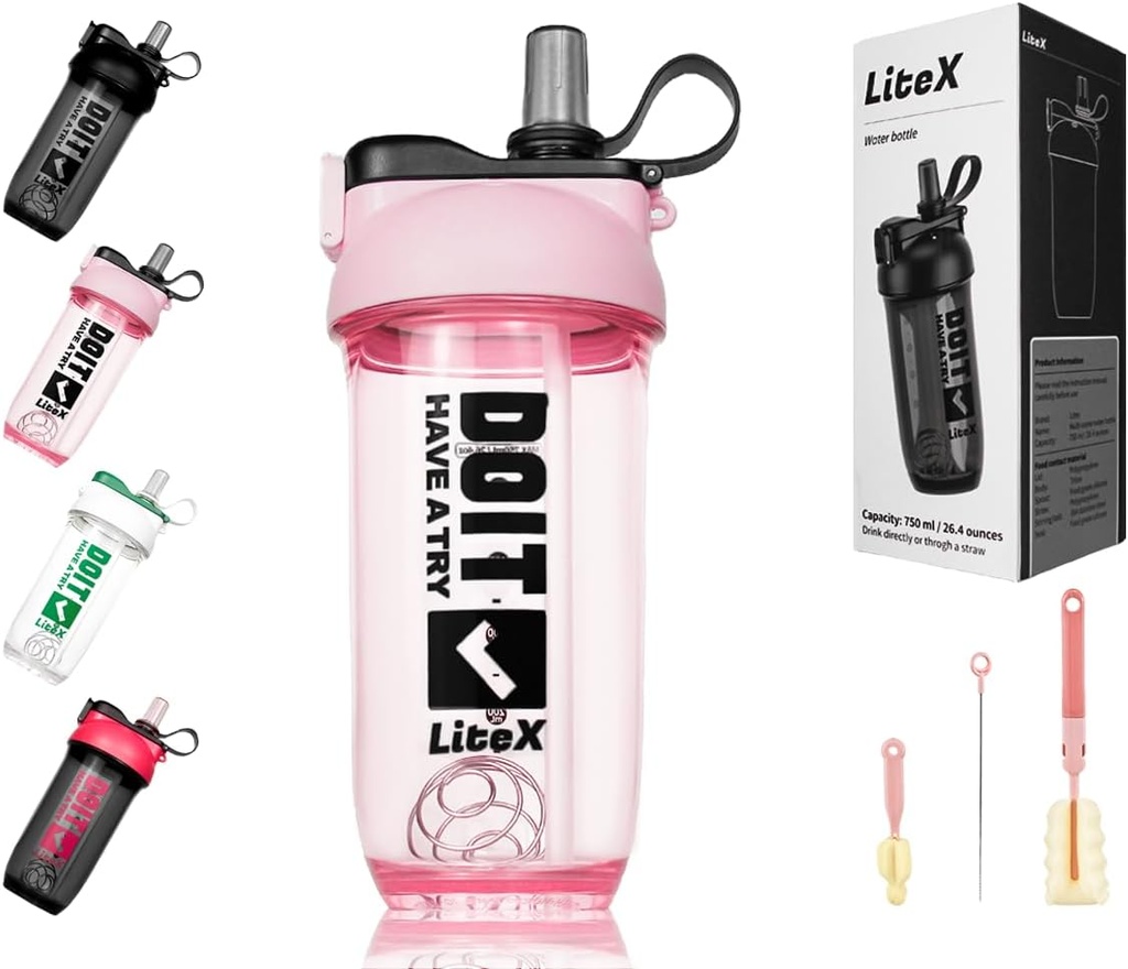 Litex Shaker steklenice za stresanje beljakovin, 26oz Blender Shaker steklenica za predworkout,Shaker pokali s slamo, BPA brez tritan mešalne steklenice za Beljakovinski prašek, s krtačo in navodila (Pink)