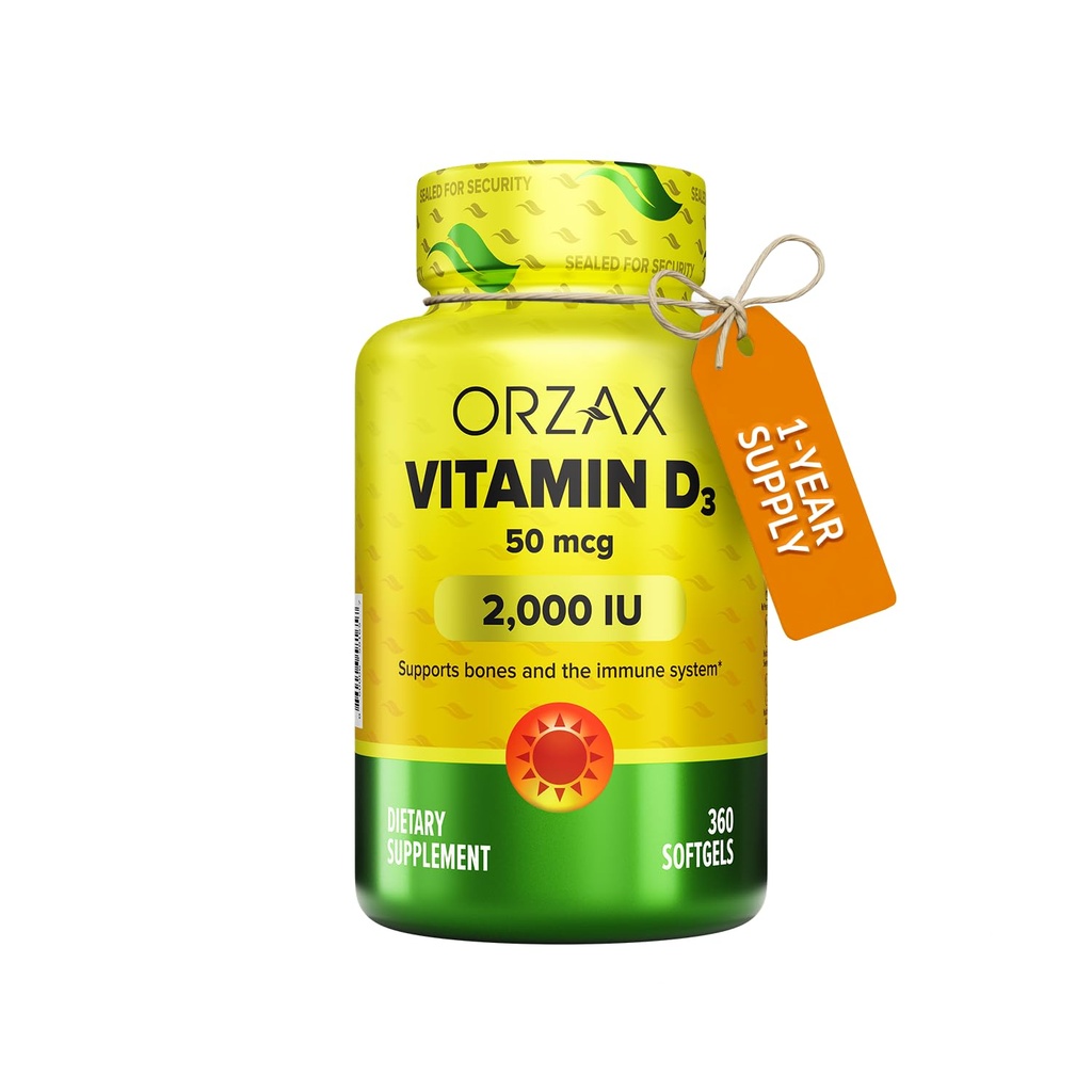 ORZAX Vitamin D3 2000 iu (50 mcg) – Brez glutena, brez sladkorja, brez mleka – 1 leto Oskrba za močno mišično funkcijo in imuno podporo – Mood dodatek za dobro počutje (360 Softgel)