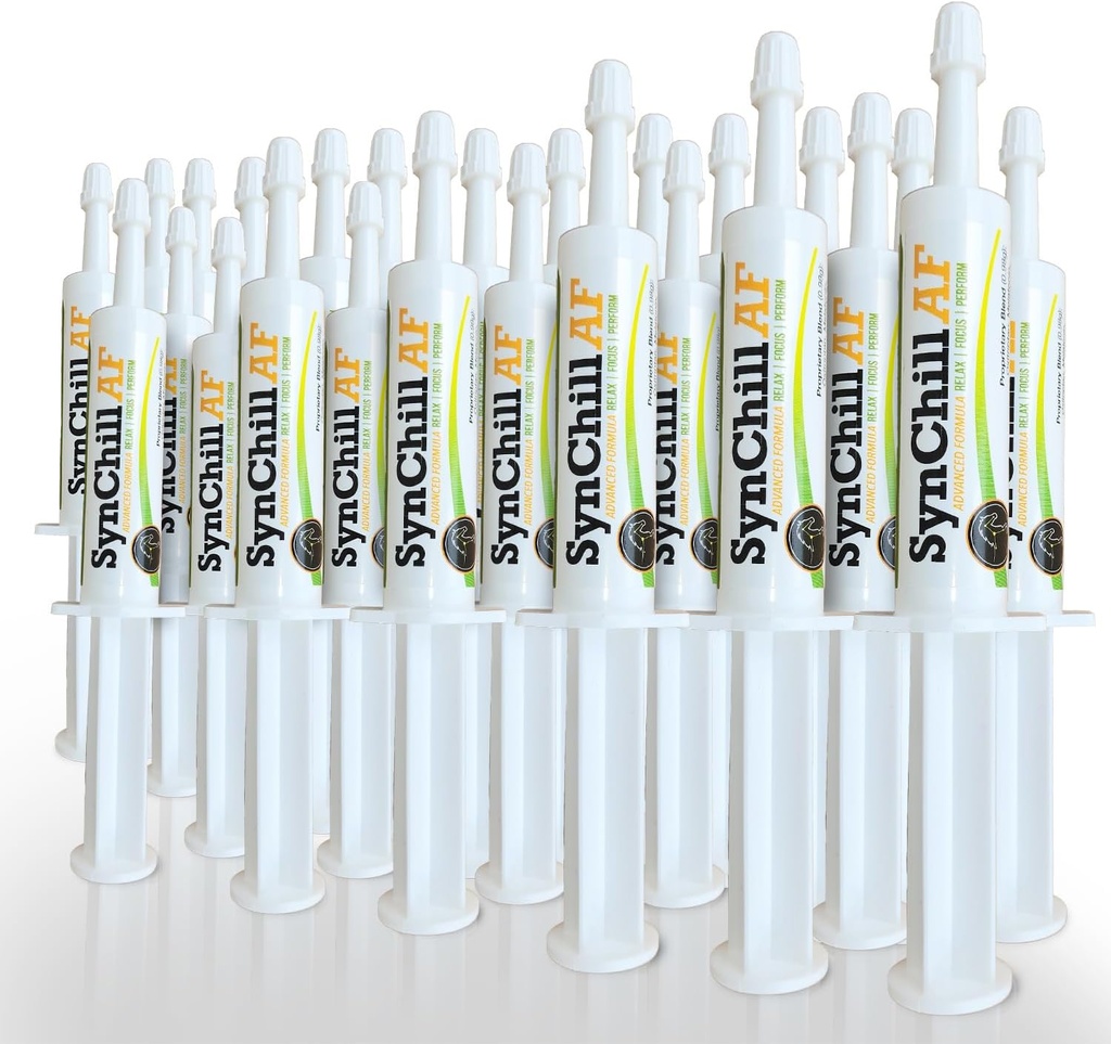 Synchill AF Umirjanje Gel za živčne konje - Enojne storitve - Napredna Formula z L-Theanine, Povečana moč, 100% naravni dodatek, dispozicija in zaupanje Podpora za konje - 25 Pack