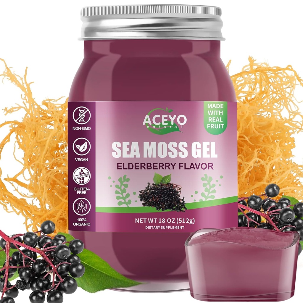 ACEYO (18 OZ) Irish Elderberry Sea Moss Gel Organic Raw Vegan Flavor 102 Vitamini in minerali Wild žetev ne-GMO Immune Defense Booster Thyroid Prebavna podpora
