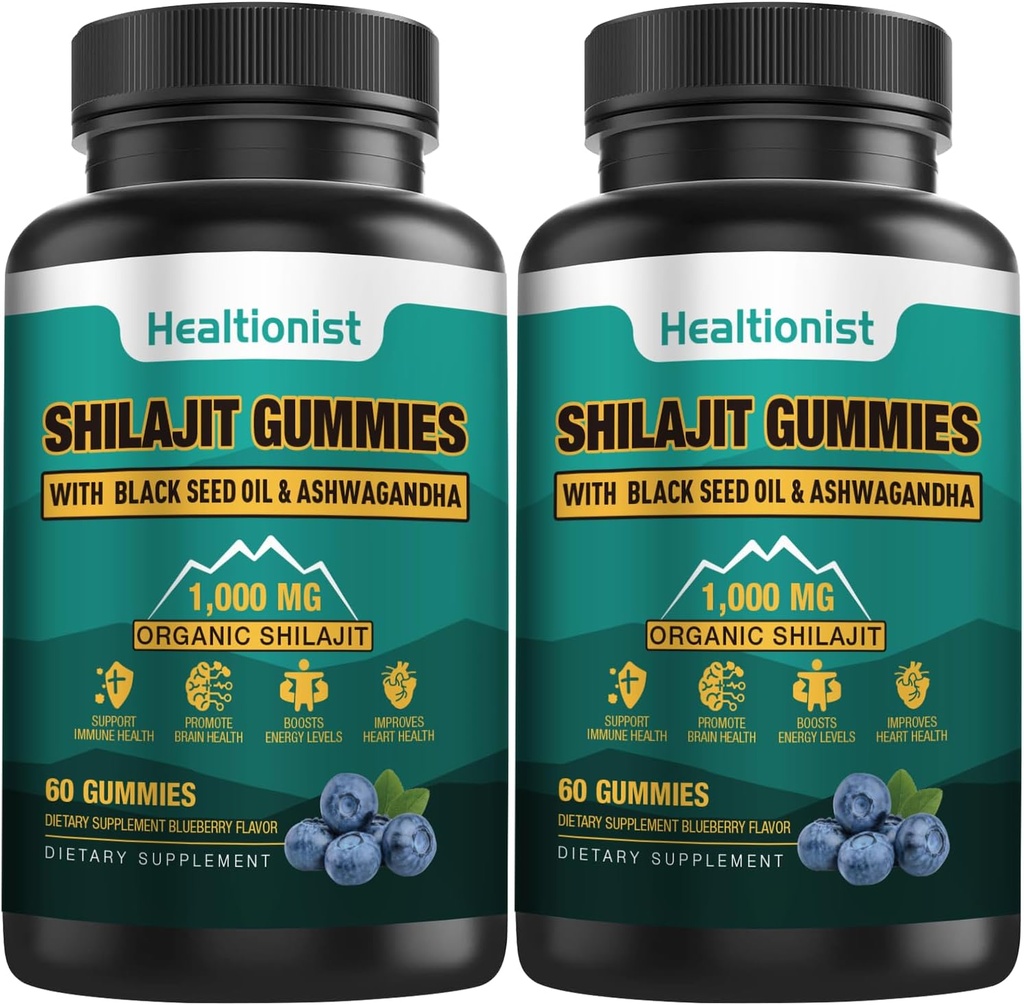 2 paketi 1000 MG Shilajit dodatek Gumies z 85+ Trace minerali, Fulvic kislina, Pure Organic Shilajit Himalajski Gummy za moške in ženske, energija, možgani, imuniteta Suport - 120 grofov
