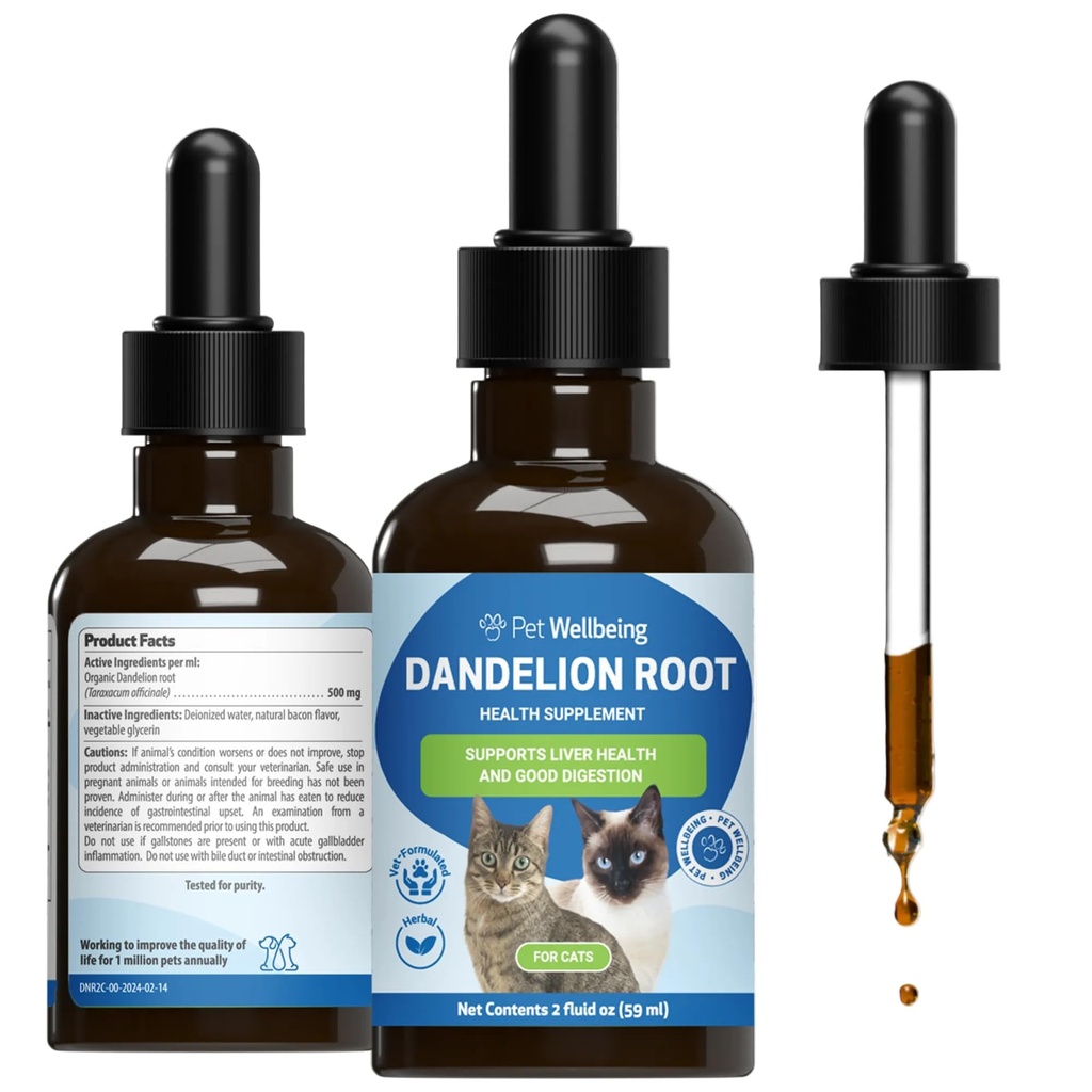 Pet dobro počutje Dandelion koren za mačke - Jetra in srce zdravje, Prebavne funkcije, Podpora za krvni sladkor, Certified Organic - Veterinarsko Formulated Zeliščni dodatek 2 oz (59 ml)