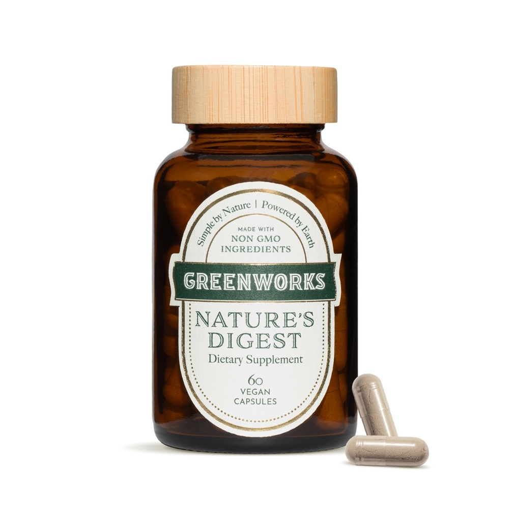 Greenworks Nature's Digest Daily Digestive Supplement - Probiotic, Prebiotic, Fiber, Digestive Enzymes & Herbal Blend with Psyllium Husk, Triphala & Saccharomyces Boulardii, 60 Vegan Capsules