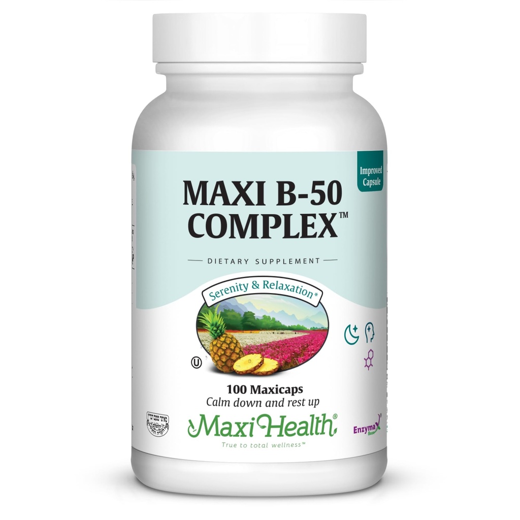 Maxi Health Vitamin B Complex – Visoka moč B Complex Vitamini B-50 z B1, B2, B3, B6, B12, Biotin & Folat – Podpora celična energija in mentalna jasnost – Košir – 100 kapsul