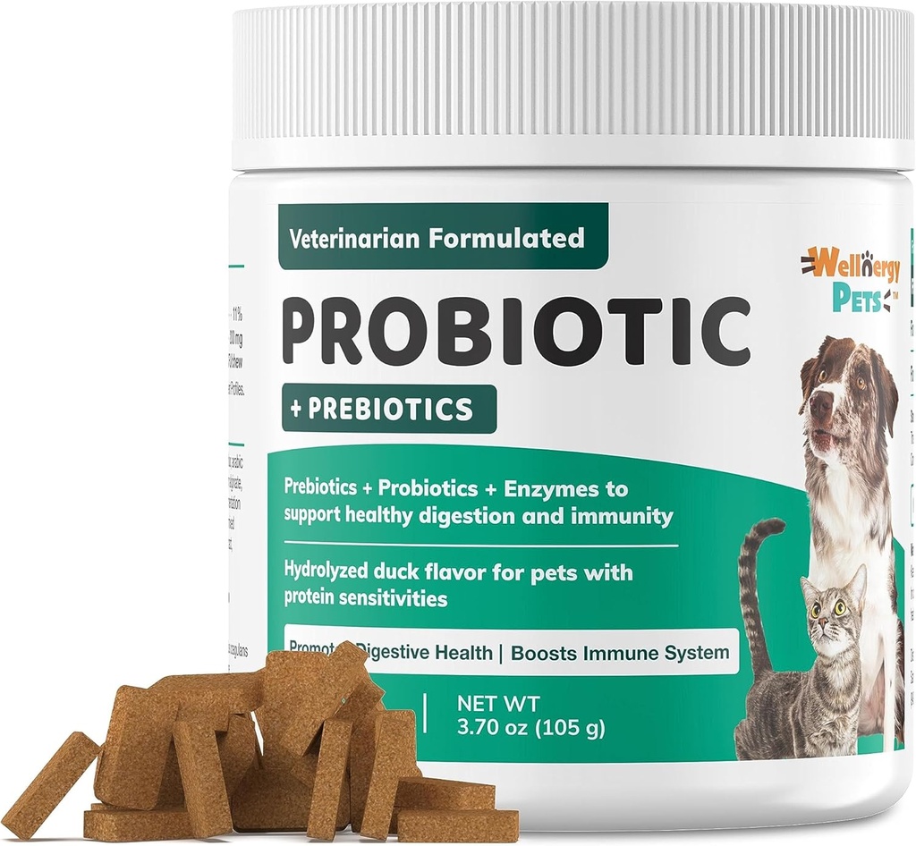 Wellnergy Daily Probiotic & Prebiotics Soft Chew za pse in mačke - Prebavna podpora za drisko, zaprtje, vznemirjen želodec, prebavne motnje in plin - pomaga prebave, alergije kože in imunskega zdravja 70ct