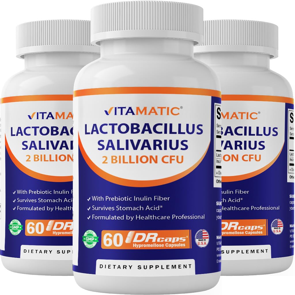 Vitamat Lactobacillus Salivarius 2 milijarda na DR kapsulo - 60 Count - Prebavna podpora - Izdelana s prebiotično inulin Fiber (3 steklenice)