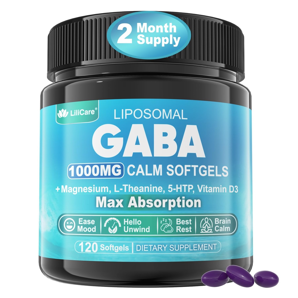 GABA dodatek - 1000 mg liposomska oblika za optimalno absorpcijo, GABA z L-teanin, magnezijev glicinat, 5HTP, vitamin D3 za pomiritev, sprostitev, razpoloženje, mirna noč - melatonin-free 120 softgels.