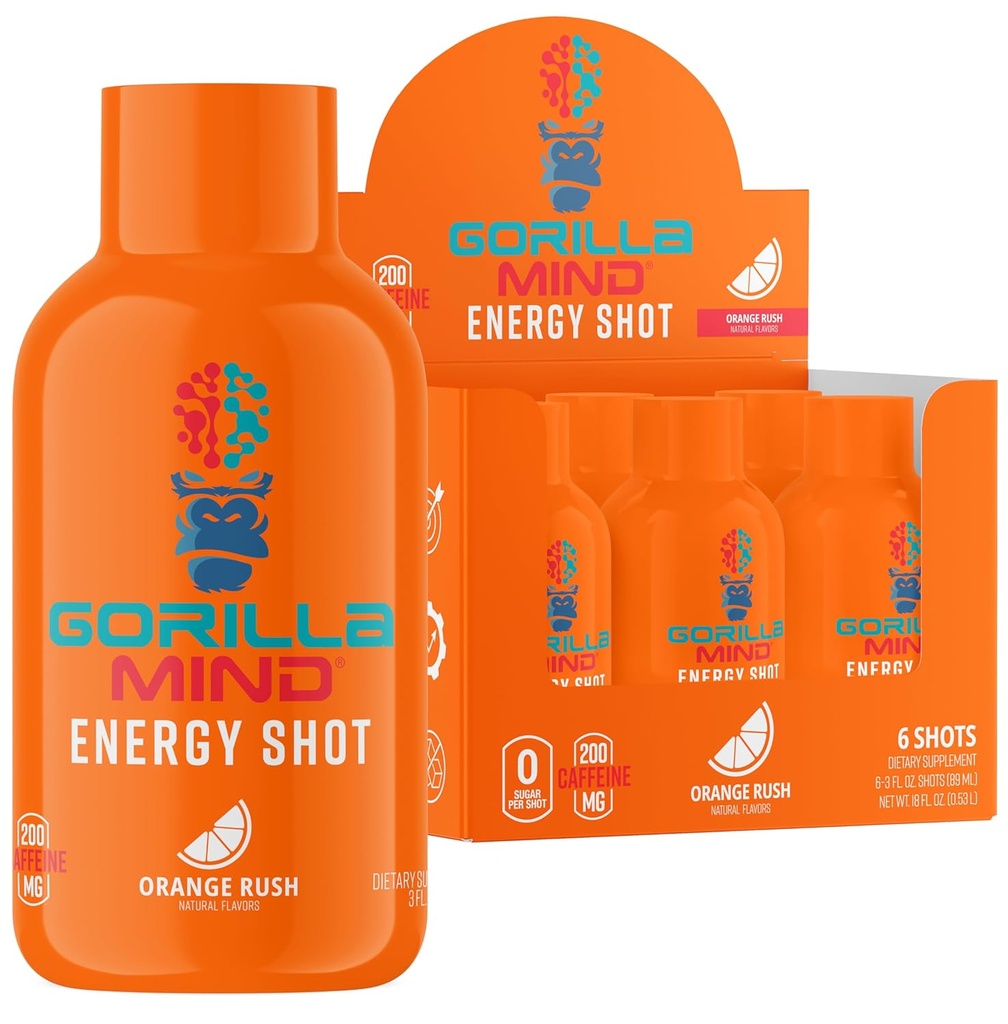 Energija Gorilla Mode (6-Pack) - energijski posnetki za izboljšano osredotočenost in energijo, brez sladkorja, hitro delovanje, Močna Formula z vitamini in naravnimi izvlečki (Orange Rush)