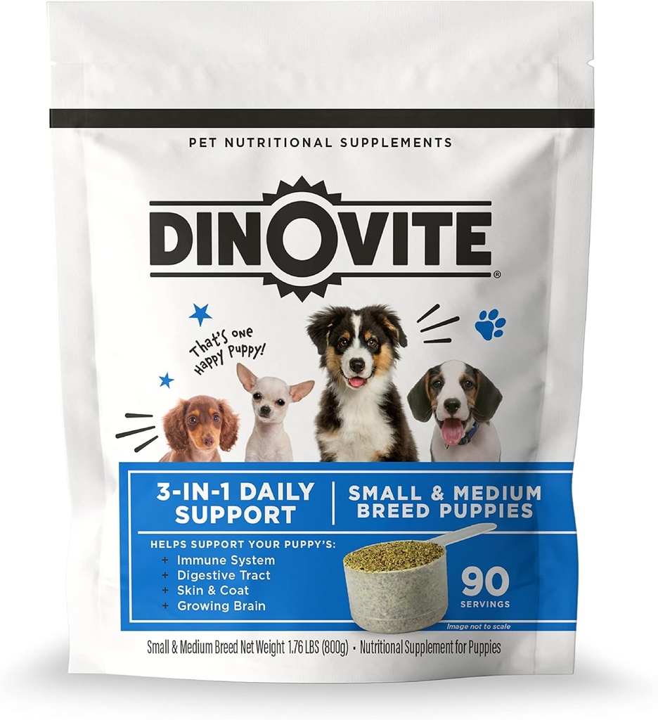 Dinovite 3 v 1 Probiotik za kužke, kožo in plašč, Prebavno zdravje in skupno lajšanje, Pasja hrana Toppers, Salmon olje, glukozamin, Alergy Relief & Srbečica Relief Kožna nega, 90 Serving (Puppy)