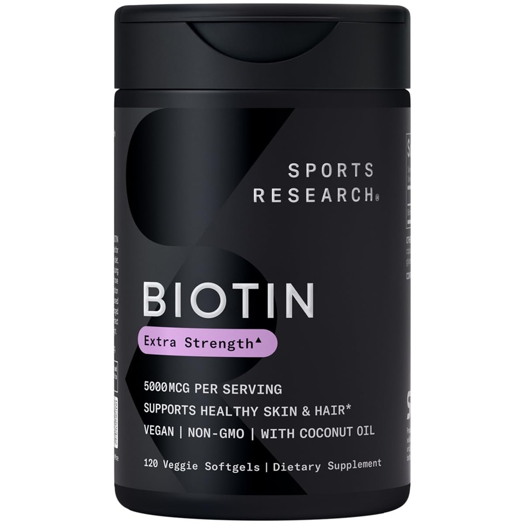 Športne raziskave® Biotin 5000mcg z organskim kokosovim oljem - Biotin (vitamin B7) za zdravo podporo koži in lase* - za ženske in moške - Vegan, Non-GMO, Gluten & Soy-free - 120 Veggie Softgels