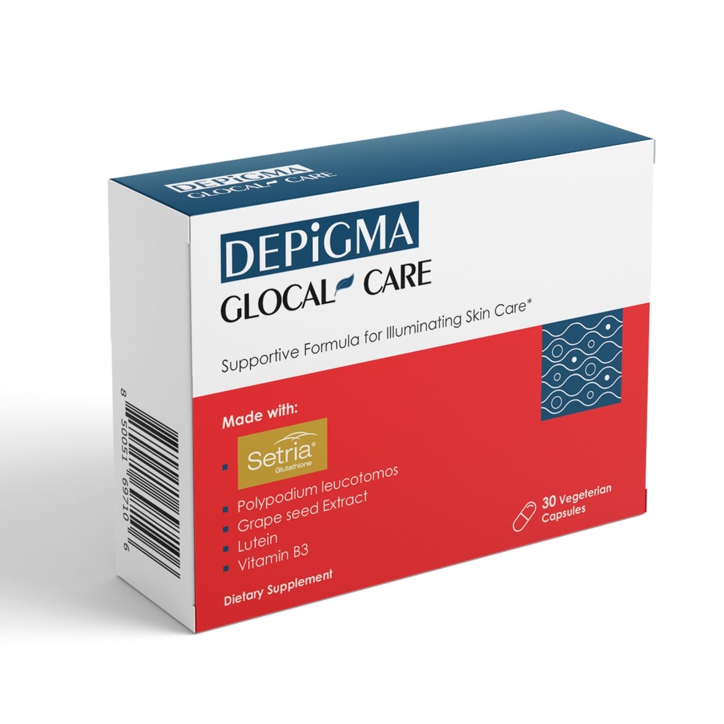 GlocalCare Depigma Podpora Zmanjšanje hiperpigmentacije, Melasma & temne pege z glutationom, Polypodium Leucotomos, Grozdno seme in Marigold ekstrakt