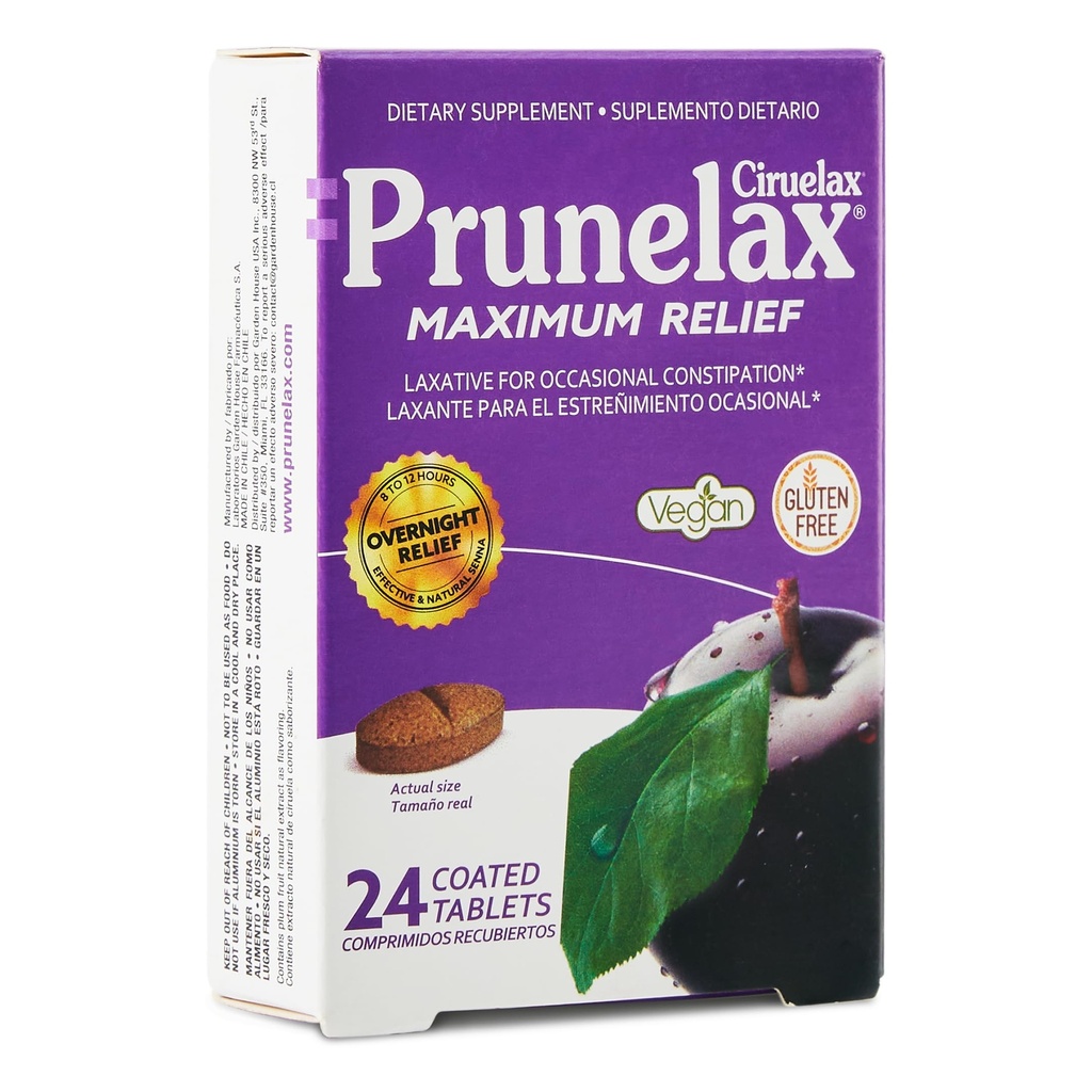 Prunelax Ciruelax maksimalna olajšava Laksativne tablete z naravno Senno za občasno zaprtje, Senna Extract, Vegan & Gluten-free, Nežna Relief čez noč - 24ct