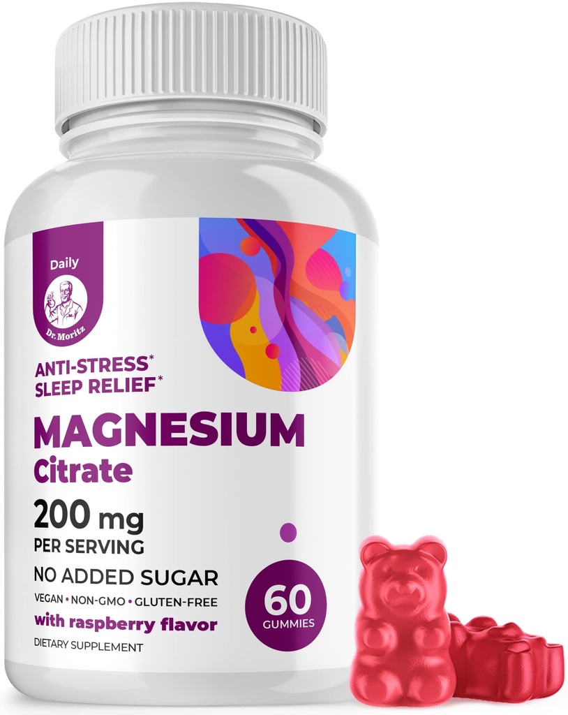 DR. MORITZ Magnezijev citrat Gumiji za odrasle - Sugar-free Calm Magnezium Gumies - Podpira zdravo Stress odziv - Raspberry Flavor - Non-GMO, 200 mg (60 grof)