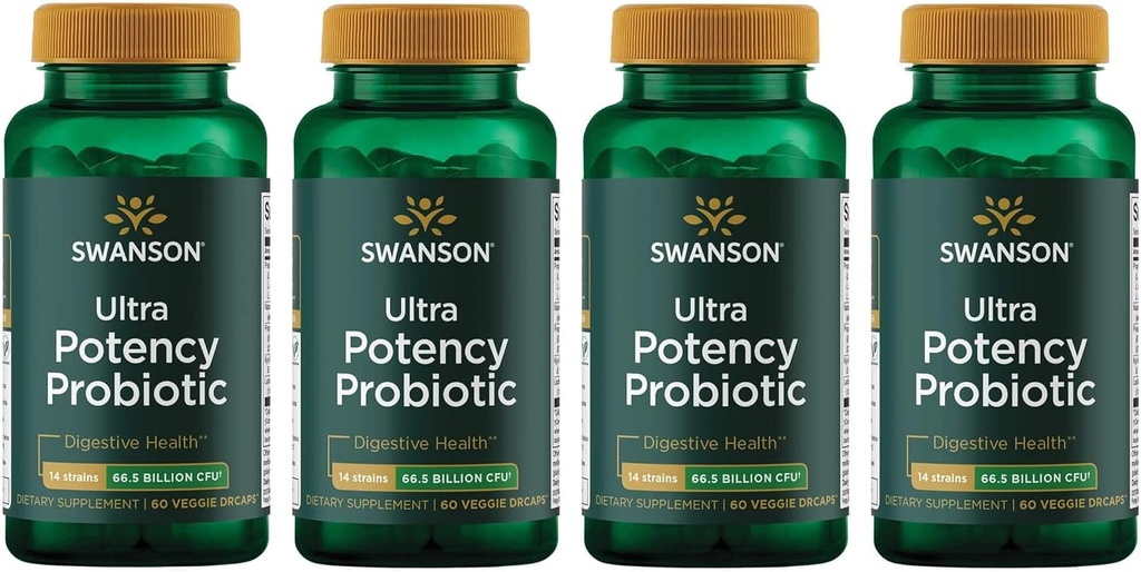 Swanson Ultra Potency Probiotic Digestive Health Immune System Support 66 Billion CFU Prebiotic NutraFlora scFOS 60 DRcaps Veggie kapsule (kap) (4 pakiranja)