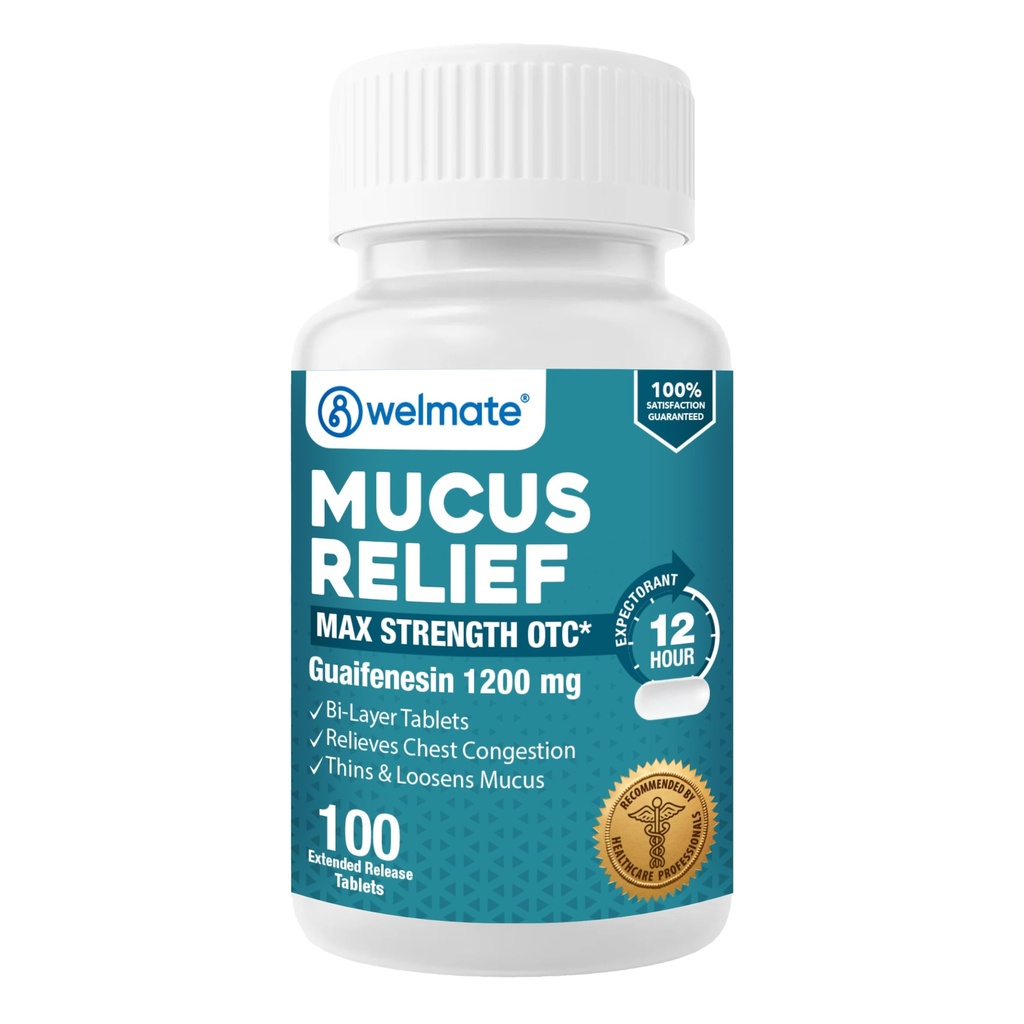 WELMATE - Mucus Relief - Guaifenesin 1200 mg Največja moč - Razširjeno- Release pričakovana Tableta - pomaga Clear Chest Congestion & Loosen Mucus - 12 ur Relief - 100 Count