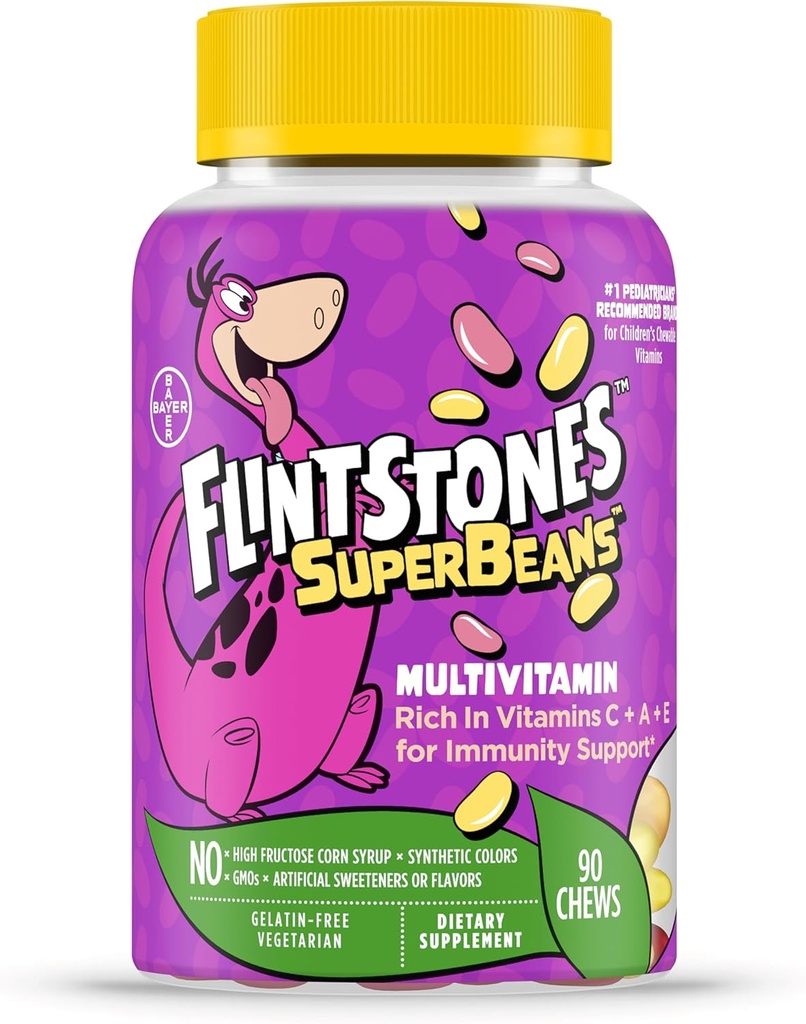 Kremenčki Vitamini SuperBeans,Kids Multivitamin z imuniteto Podpora z vitamini A,D,Jodine&Zinc za podporo zdrave rasti,Fruit arome,Vegetarian,Jelly Bean Chews,90 Število (Packaging lahko razlikujejo)