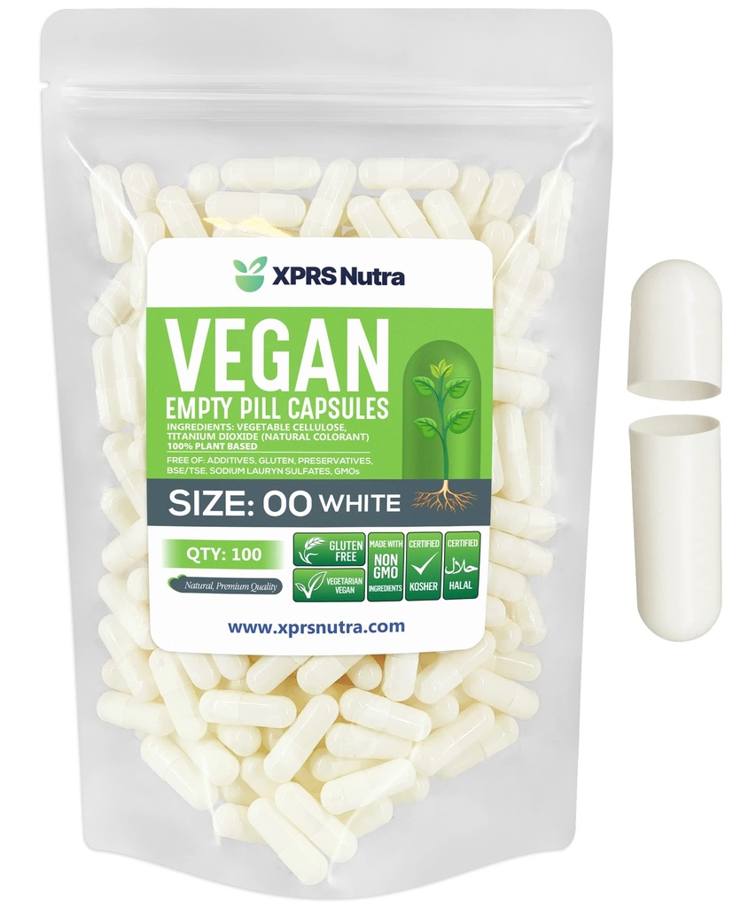 XPRS Nutra Velikost 00 Prazne kapsule - 100 Štetje Prazne Veganske kapsule - Vegetarijanske prazne tablete - DIY Zelenjavne kapsule Polnjenje - Veggie Pills (bela)