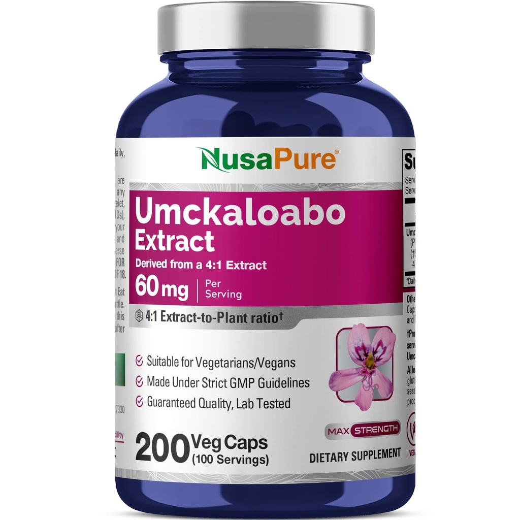NusaPure Umckaloabo 4:1 ekstrakt, 60 mg ekvivalent 240 mg Veggie Caps 200 število (ne-GMO, Vegan)