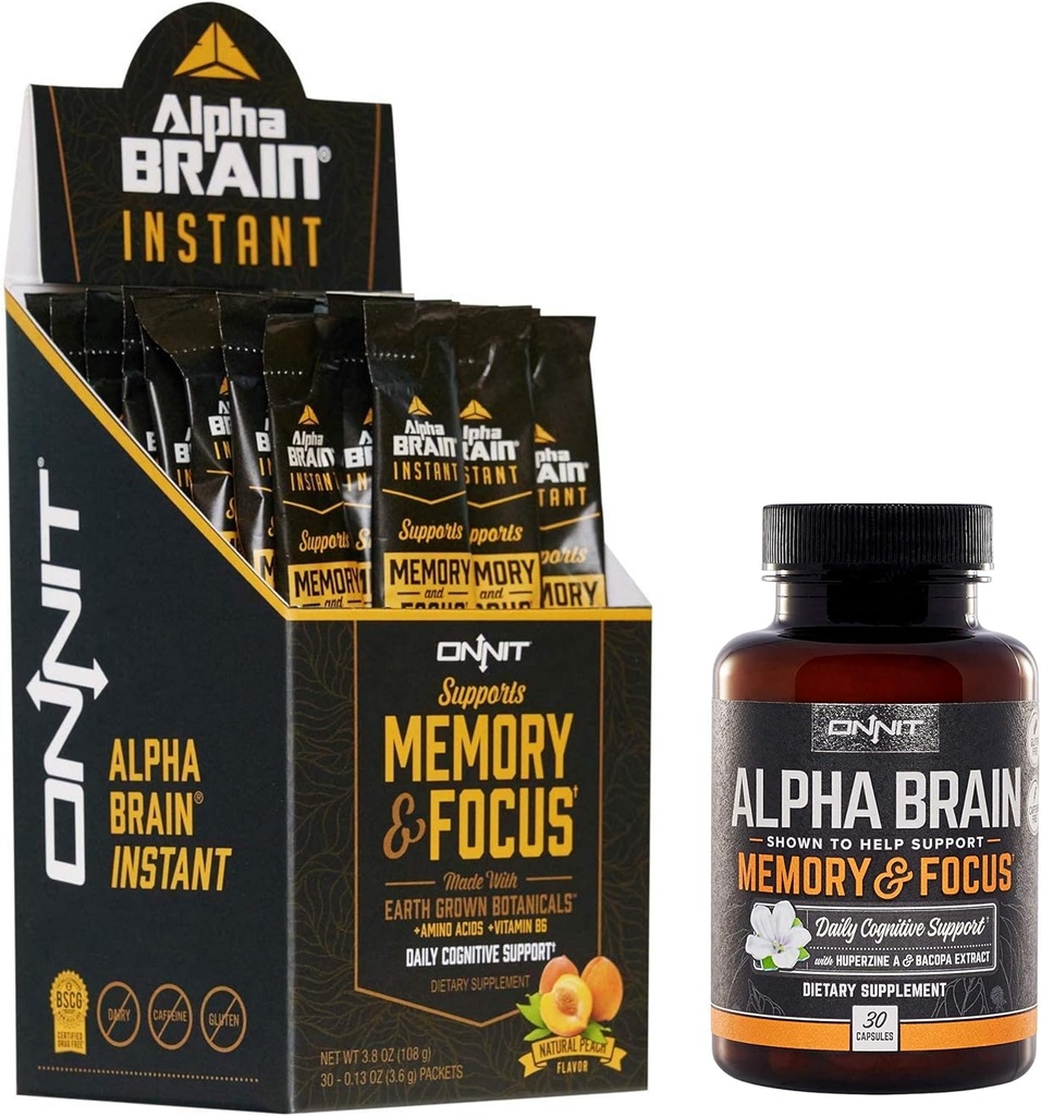 ONNIT Nootropic Stack - Alpha Brain Kapsule (30ct) + Alpha Brain Instant - Naravni Peach (30ct)