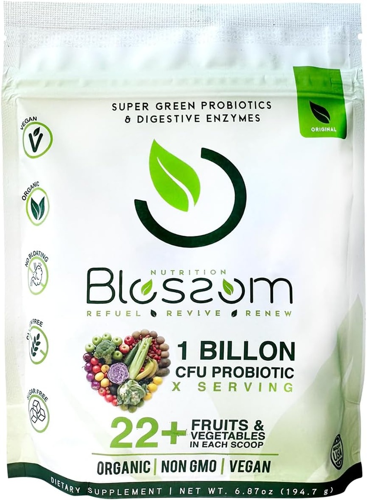 Cvet Superzeleni probiotiki – prebavni encimi s pre/probiotiko za blaženje napihnjenosti – 30+ Superzelene in superrdeče za povečanje energije – organska, gluten-free, brez fiber, 0g sladkor (Lemon Citrus)